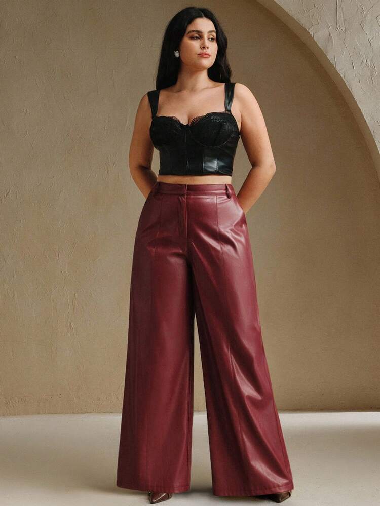 새로운 고품질 소프트 가죽 플레어 팬츠 플러스플러스 사이즈 와이드 레그 트라우저, 가을, 가을, 겨울, 외출, 우아한, 포멀, 파티, 시크, 새해, 크리스마스, 직장, 졸업, 결혼식에 적합