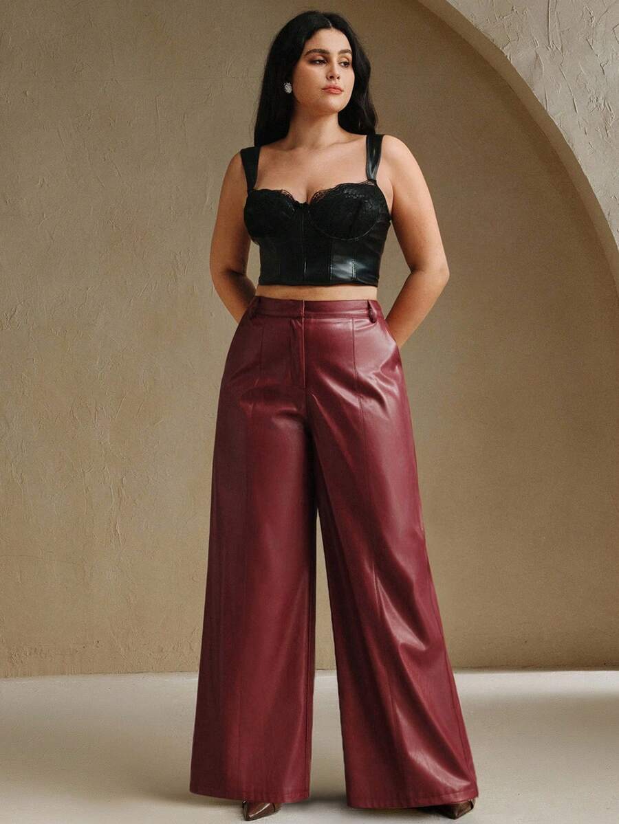 Anewsta Pantaloni evazați din piele moale de înaltă calitate, mărime mare, cu picior larg, potriviți pentru toamnă, toamnă, iarnă, ieșiri în oraș, eleganță, formală, petrecere, șic, Anul Nou, Crăciun, serviciu, absolvire, nuntă - Burgundia - Vizualizare 1