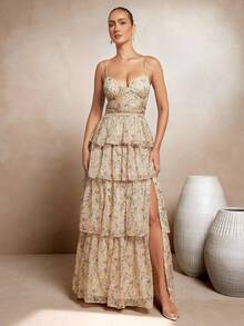 L'Amorae Women's Layered Spaghetti Strap Dress With Thigh High Slit - Yellow - View 5