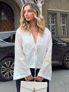 Jeta Ari Women's Casual Solid Color Woven Long Sleeve Front Tie Loose Blouse,Summer Clothing,Vacation Style,For Beach Vacation