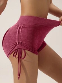 SHEIN Sports 女士无缝高弹力提臀拉绒运动短裤，带侧抽绳 - 酒紅色 - 查看 7