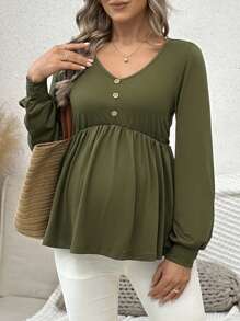 SHEIN Casual Long Sleeve Ruffle Hem Maternity T-Shirt - Army Green - View 4