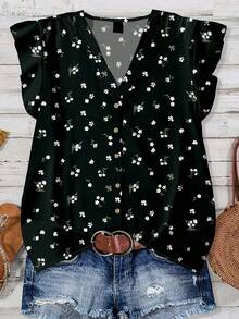 EMERY ROSE Damen Große Größen Urlaubs Blumen Muster Knopfleiste Rüschen Saum Lässig Bluse Hemd, geeignet für Sommer Ditsy Blumen Top Blumen Blusen für Damen Damen Lässig Tops Blumen Hemd - Verschiedenfarbig - Übersicht 1