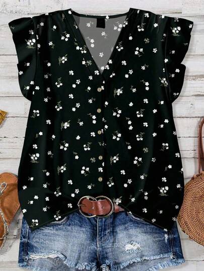 EMERY ROSE Plus Size Women's Vacation Floral Print Button Front Ruffle Trim Casual Blouse Shirt, Suitable For Summer Ditsy Floral Top Flower Blouses For Women Women Casual Tops Flower Shirt Chic Blouses For Women,Spring