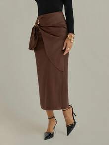 Modelyn Women's Fashionable & Versatile Elegant Metal Buckle Midi Skirt Fall Cloth For Women