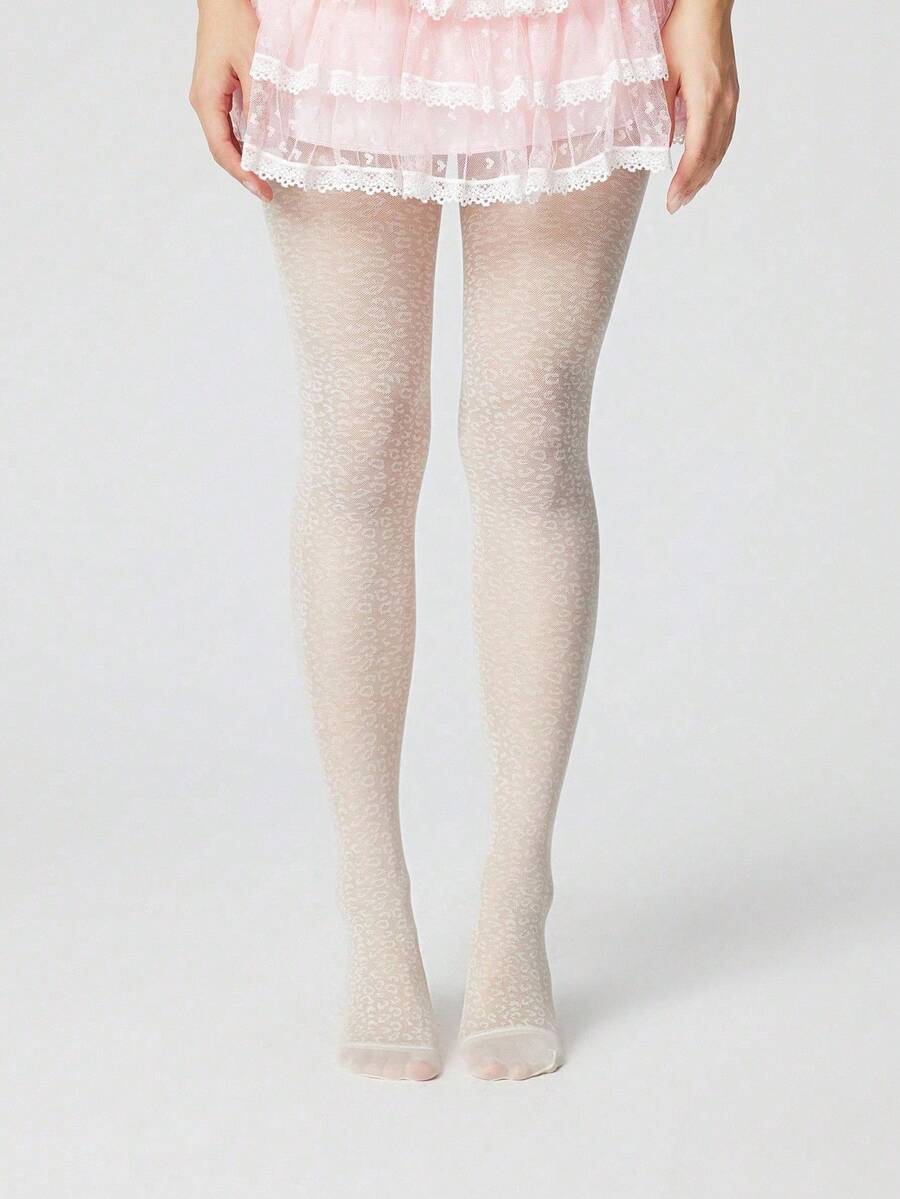 ROMWE Goth 1 双女士纯色豹纹连裤袜,适合所有季节 - 白色 - 查看 1