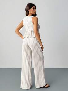 SHEIN Tall 2pcs Women's Striped Tie Waist Sleeveless Top And Pants Set, Tall Version, Classy Outfits For Women, Dress Casual, 2 Pieces Women's Summer Casual Resort Sleeveless Striped Tie Waist Waistband Sleeveless Top And Pants Summer Outfits For Women Two Pieces Set Women Vacation Outfits Woman Everyday Wear,Elegant Women's Set,Country Style For Women - White - View 2