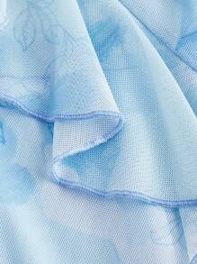 SHEIN MOD 夏季V领荷叶边高开衩扎染印花长款吊带裙，女士夏季连衣裙，女士粉彩连衣裙，派对连衣裙，派对装扮，沙滩连衣裙，女士沙滩装扮，女士优雅连衣裙，女士度假装扮，度假连衣裙，节日连衣裙，女士碎花连衣裙，蓝色连衣裙，复古碎花连衣裙，花园派对正式连衣裙，度假晚宴连衣裙