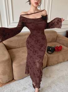 Modelyn Flockiertes Herbst-/Winterkleid im eleganten Retro-Muster für Lehrerinnen - Bordeaux - Übersicht 6