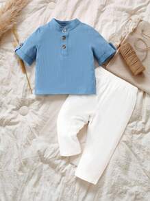 SHEIN Vintaside Kids Baby Boy Solid Color Woven Casual Top & Pants Set - Blue - View 1