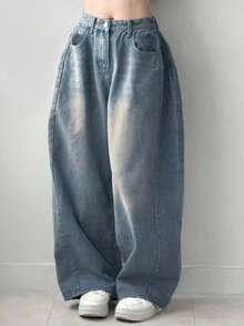 DAZY 女士口袋宽松阔腿休闲百搭牛仔裤 - 中等水洗藍 - 查看 1