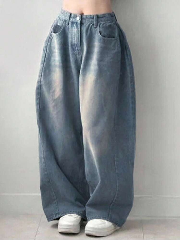 Women's Pocket Loose Wide Leg Casual Versatile Jeans