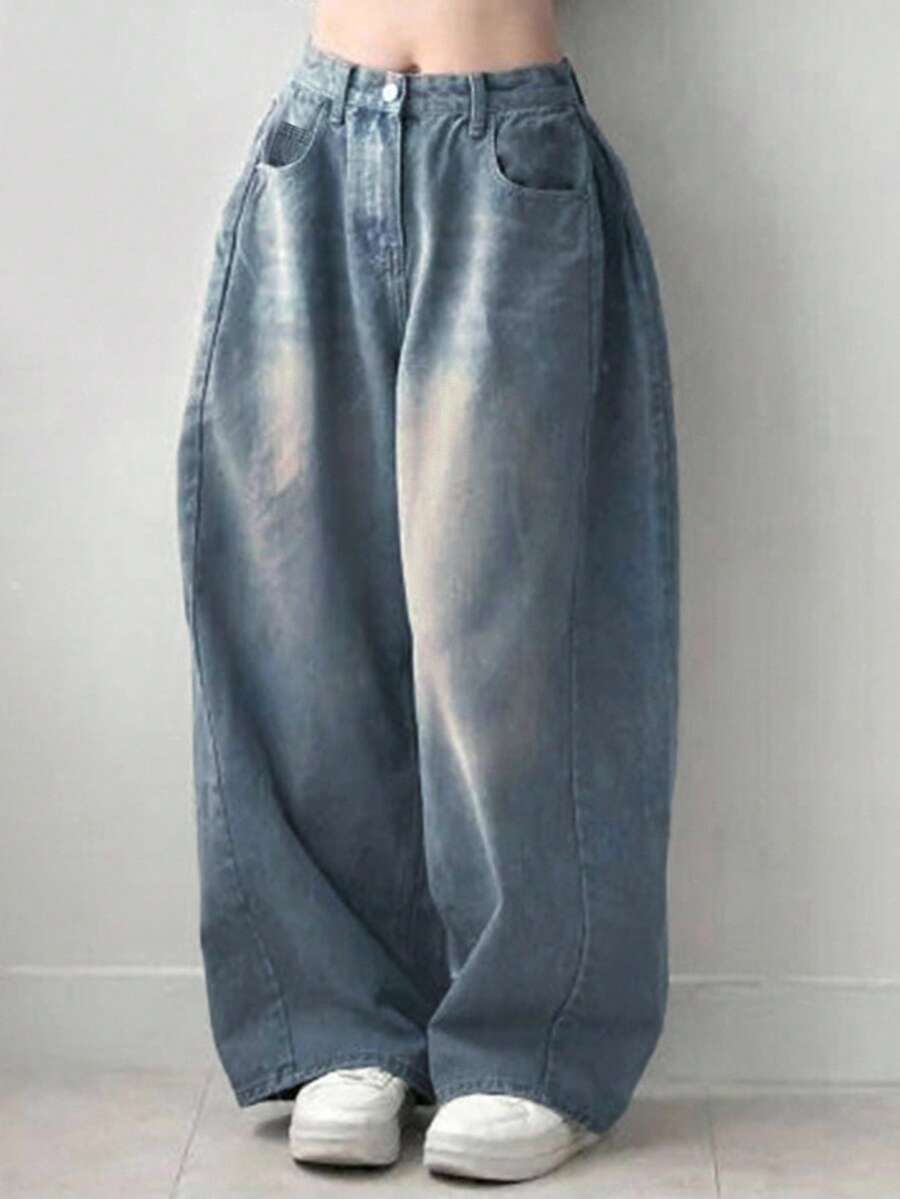 DAZY 女士口袋宽松阔腿休闲百搭牛仔裤 - 中等水洗藍 - 查看 1