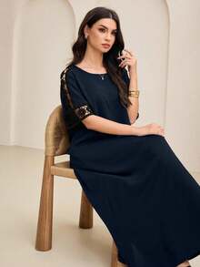 SHEIN Lacomfia Vestido largo elegante de encaje con parches y calado, para verano