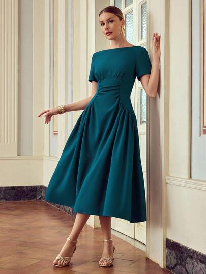 ZEYLAH 圆领短袖粗花呢腰部收腰长款优雅连衣裙