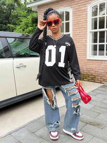 SHEIN Tween Girls Black Jersey T-Shirt, Loose & Comfortable, Versatile Fashion Casual Wear - Black - View 7