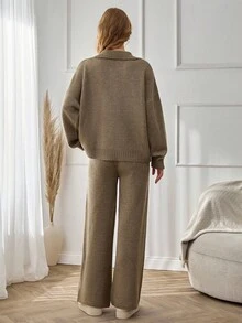 SHEIN Tall Pulover cu mânecă lungă și pantaloni evazați pentru femei înalte, culoare solidă, casual, pentru toamnă și iarnă