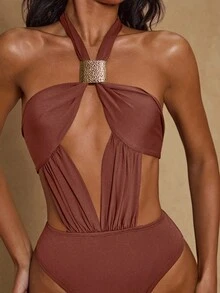 Glamine Bodysuit Wanita Warna Cokelat Karat, Model Chic, Tanpa Punggung, Leher Berongga, dengan Dekorasi Kancing Logam, Cocok untuk Pesta, Koktail, Pantai, dan Liburan. - Coklat - View 7