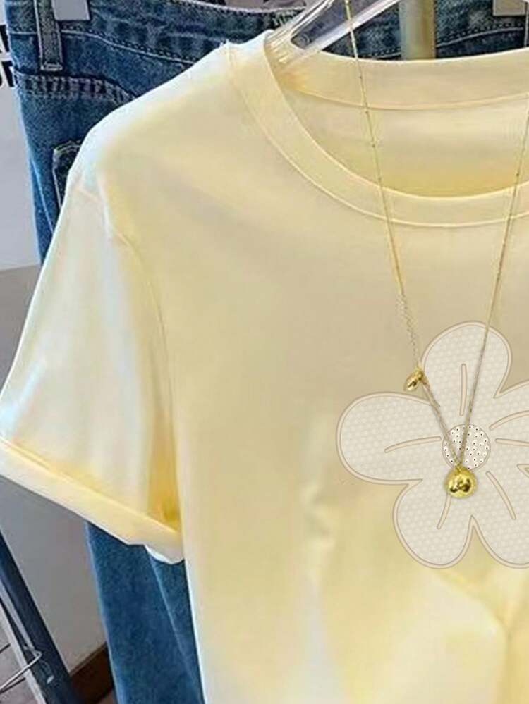 Resyla 白墨烫图花朵图案女士正肩合体短袖T恤 - 黄色 - 查看 4