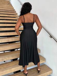 Alexandranx Elegant Solid Color Waisted Ruching Flared Hem Cami Dress,Summer Dresses For Women,Tea Party Dress - Black - View 2