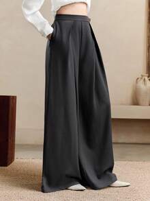 Arave Pantalones anchos de pierna gris, de cintura alta, plisados, con decoración metálica, que estilizan la figura, elegantes y vintage, adecuados para maestras, de moda para el otoño