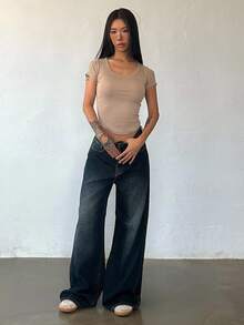 DAZY 女式宽松直筒休闲牛仔裤 - 中等水洗藍 - 查看 7