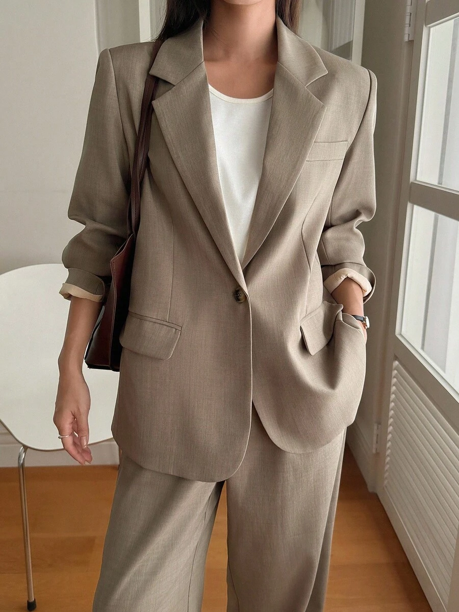 DAZY 2pcs Women Casual Suit Set: Blazer Jacket And Straight Leg Pants Business Attire - Khaki - View 1