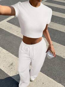 Muchica 2 件套女士休闲圆领短袖上衣和阔腿裤套装，夏季 - 白色 - 查看 3