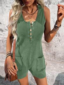 SHEIN LUNE Women's Casual Washed Fabric Music Festival Spring/Summer Daily Basic Outfit Jumpsuit With Pockets - Green - View 7