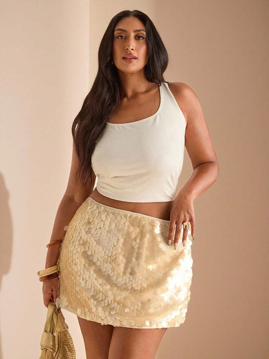 SHEIN BAE Váy mini sequin trơn màu cỡ lớn cho nữ dự tiệc, mùa xuân/hè - Màu be - Xem 1