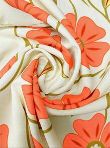EMERY ROSE 女式休闲粉色花卉印花竹纤维圆领荷叶袖盖袖衬衫，春夏 - 橘色 - 查看 5