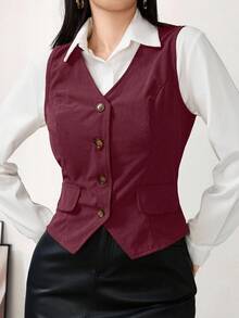 Modelyn Women's Solid Color Single-Breasted V-Neck Vest, Suitable For Commuting - Burgundy - View 1
