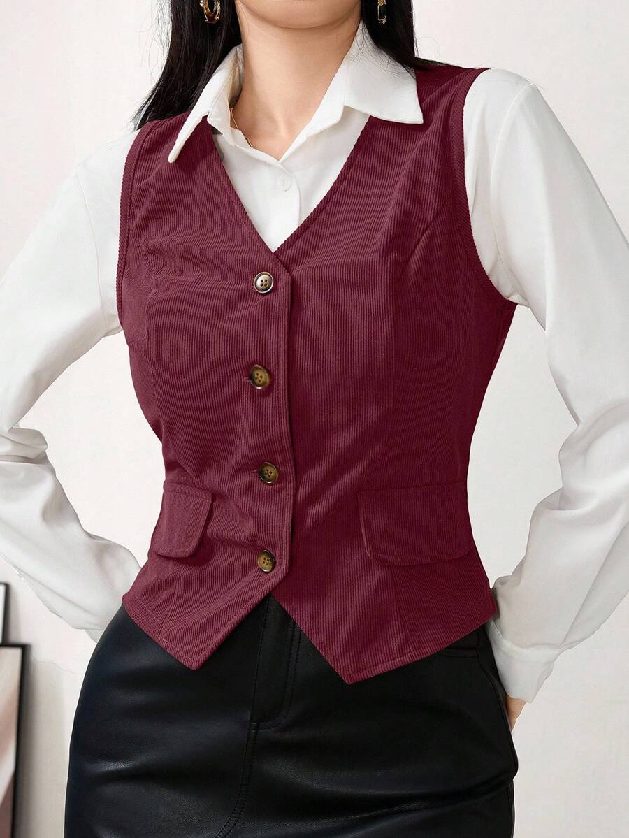 Modelyn Women's Solid Color Single-Breasted V-Neck Vest, Suitable For Commuting - Burgundy - View 1