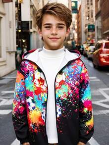 SHEIN Tween Boys' Casual Versatile Sports Streetwear Graphic Hoodie Jacket, Suitable For Commuting, School, Daily, Vacation, Sports, Spring/Summer/Autumn/Winter, Graphic Jacket, Teen Hoodies Boys Zipper, Anime Hoodie, Soccer Graphic Jacket, Boys Graphic Zip Up Hoodie Fall - Black - View 2