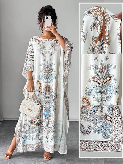 Elenzga Plus Size Batwing Sleeve Round Neck Printed Loose Fit Vacation & Party Dress