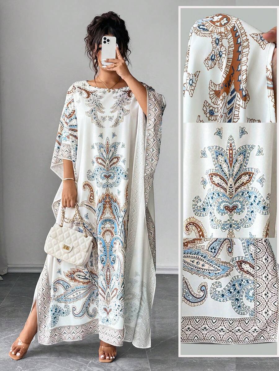 Elenzga Đầm dự tiệc & đi chơi in họa tiết tay cánh dơi cỡ lớn cổ tròn - Nhiều màu - Xem 1