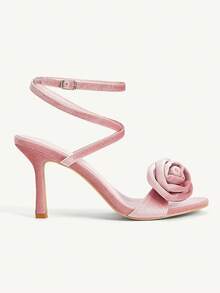 CUCCOO CHICEST 粉色韩版天鹅绒玫瑰花朵绑带时尚优雅派对婚礼正式圆头高跟凉鞋 - 藕粉色 - 查看 7