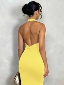 SHEIN PETITE 女士优雅简约纯色露背扭纹紧身长裙，适合日常穿着