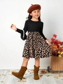 Emery Rose Kids Emery Rose Kids Vestido casual de niña con cuello redondo de punto, estampado de leopardo por parches. Vestido de manga larga con estampado de leopardo jacquard, adecuado para otoño/invierno