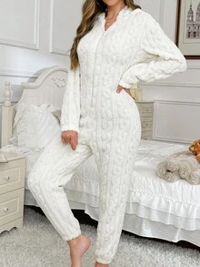 SHEIN Pijamale pufoase cu glugă, din jacquard, cu broderie drăguță cu ursuleți de pluș pentru femei, toamnă-iarnă