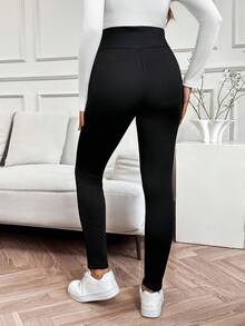 SHEIN Ropa de otoño, ropa de otoño, ropa de maternidad de otoño/invierno, ropa de maternidad de otoño, ropa de otoño, maternidad de otoño/invierno, leggings casuales con cintura ajustable y forro térmico con bordado de letras de maternidad, leggings de invierno de maternidad, leggings de maternidad, ropa deportiva de maternidad de invierno, leggings con forro térmico, ropa de embarazo para hacer ejercicio, ropa de maternidad para hacer ejercicio, ropa deportiva de embarazo - Negro - Ver 3