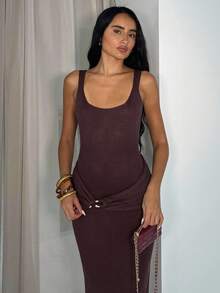 Glamine Elegant Winter Chocolate Brown Metal Accessories Fake Belt Design Sexy Charm Ladies Autumn And Winter Retro Fashion Christmas Party Dress Brown Bodycon Dress Long Brown Dress Brown Knit Dress Brown Midi Dress Brown Tank Dress - Chocolate Brown - View 6