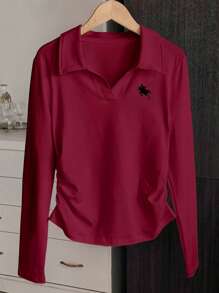 SHEIN Casual Versatile Knight Print Turndown Collar Slim Fit Long Sleeve T-Shirt Fall Cloth For Women - Burgundy - View 3