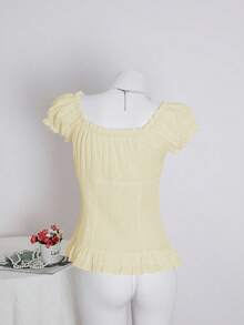 SHEIN Unity 女式纯色收腰荷叶边短袖衬衫，夏季 - 黃色 - 查看 2