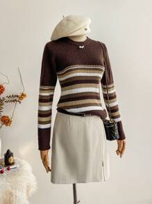 SHEIN Unity Women's Minimalist Chic Brown Striped Long Sleeve Pullover Knit Sweater, Autumn/Winter Fall Cloth For Women - Brown - View 6