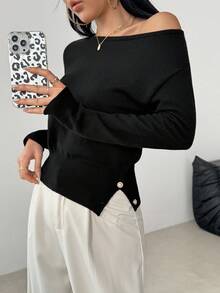 Modelyn 女士时尚休闲露肩长袖简约毛衣 - 黑色 - 查看 5