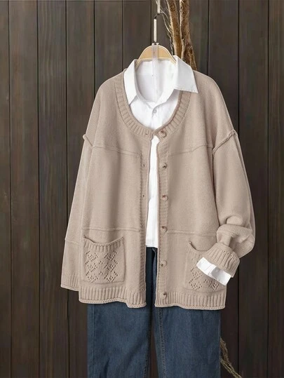 Linhara Plus Size Solid Color Casual Cardigan With Dual Pockets, Autumn/Winter Fall