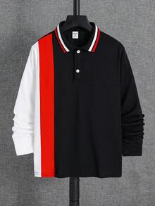 SHEIN 青少年男孩休闲拼色 Polo 衫，平领，适合秋季、春季、夏季、户外玩耍、学校、街头风格、派对和休闲 - 黑色 - 查看 3