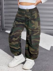 SHEIN 年轻女孩牛仔字母印花松紧腰迷彩慢跑裤