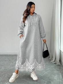 Elenzga Plus Size Women's French Style Casual Backprint Long Sweatshirt Dress Hooded Dress Sweater Dress Women Long Casual Dress Lace Trim Dress Long Sleeve Hooded Dress Winter Fall Autumn - Light Grey - View 1